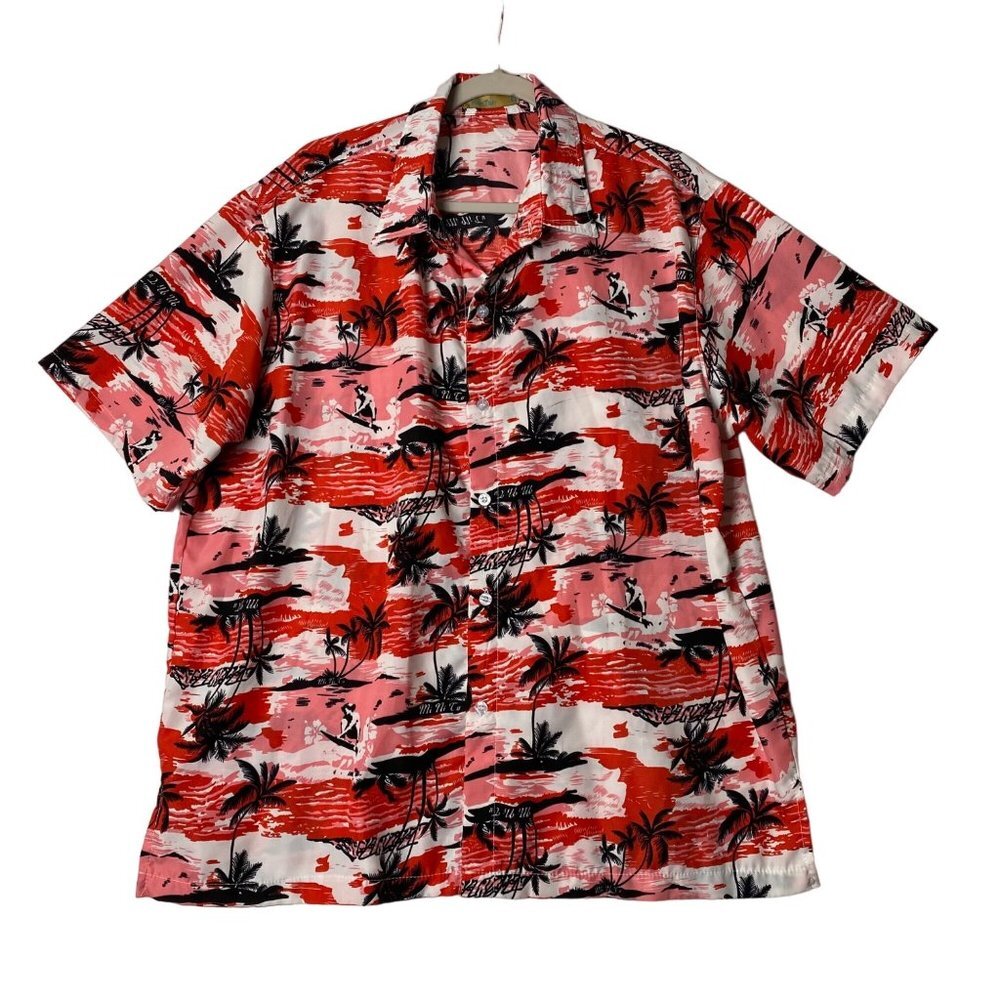 Han Ton Hawaiian Shirt Men Size XL Button Front Cotton Blend Palm Trees Red FLAW